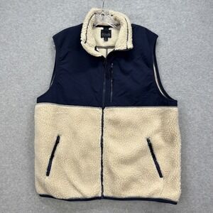 J Crew Vest Mens XL Cream Navy‎ Sherpa Fleece Full Zip Faux Fur Shearling Hybrid